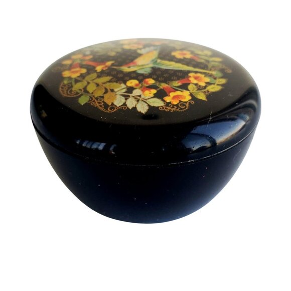 Vintage Hallmark Cards Hummingbird Trinket Jewelry Box Round Black Red Plastic - Picture 4 of 11